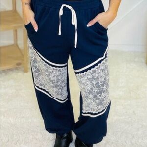 DAVI & DANI Navy Blue Track Joggers with White Lace Panels